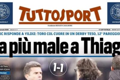 Torino-Juventus termina in pareggio, la copertura di Tuttosport: "Fa più male a Thiago"